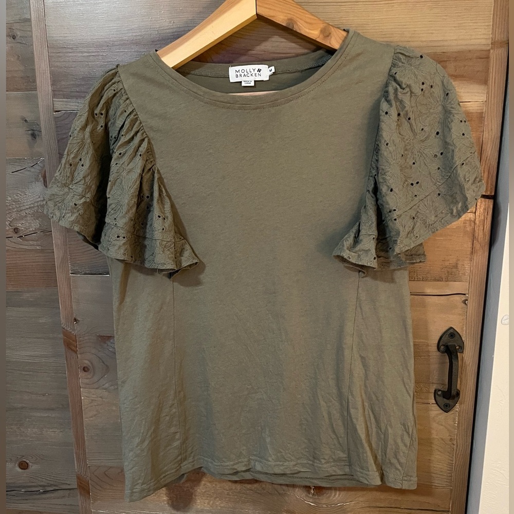 Molly Bracken Olive Eyelet Ruffle Sleeve Tee
